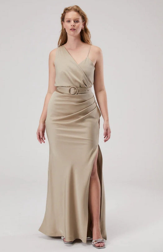 ROSETTE BELTED SATIN MAXI DRESS