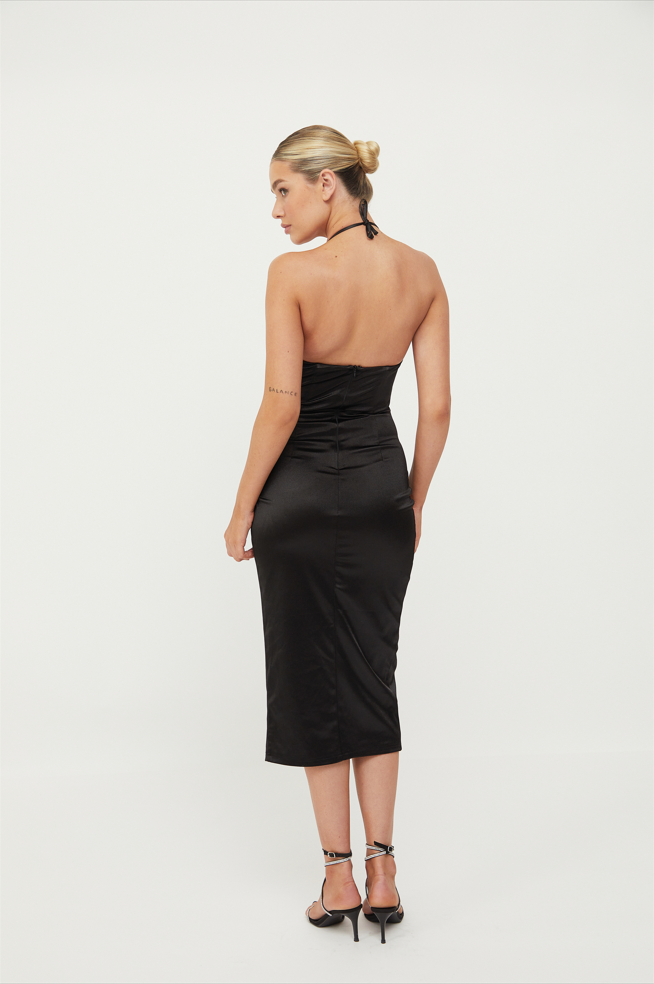 AVA HALTER NECK MIDI DRESS - BLACK