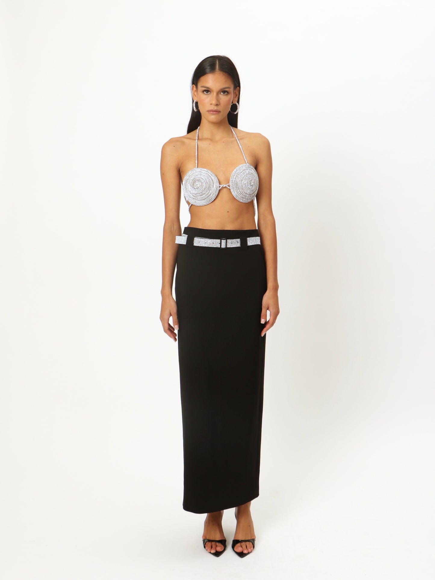 DIAMANTE BELTED MIDI SKIRT