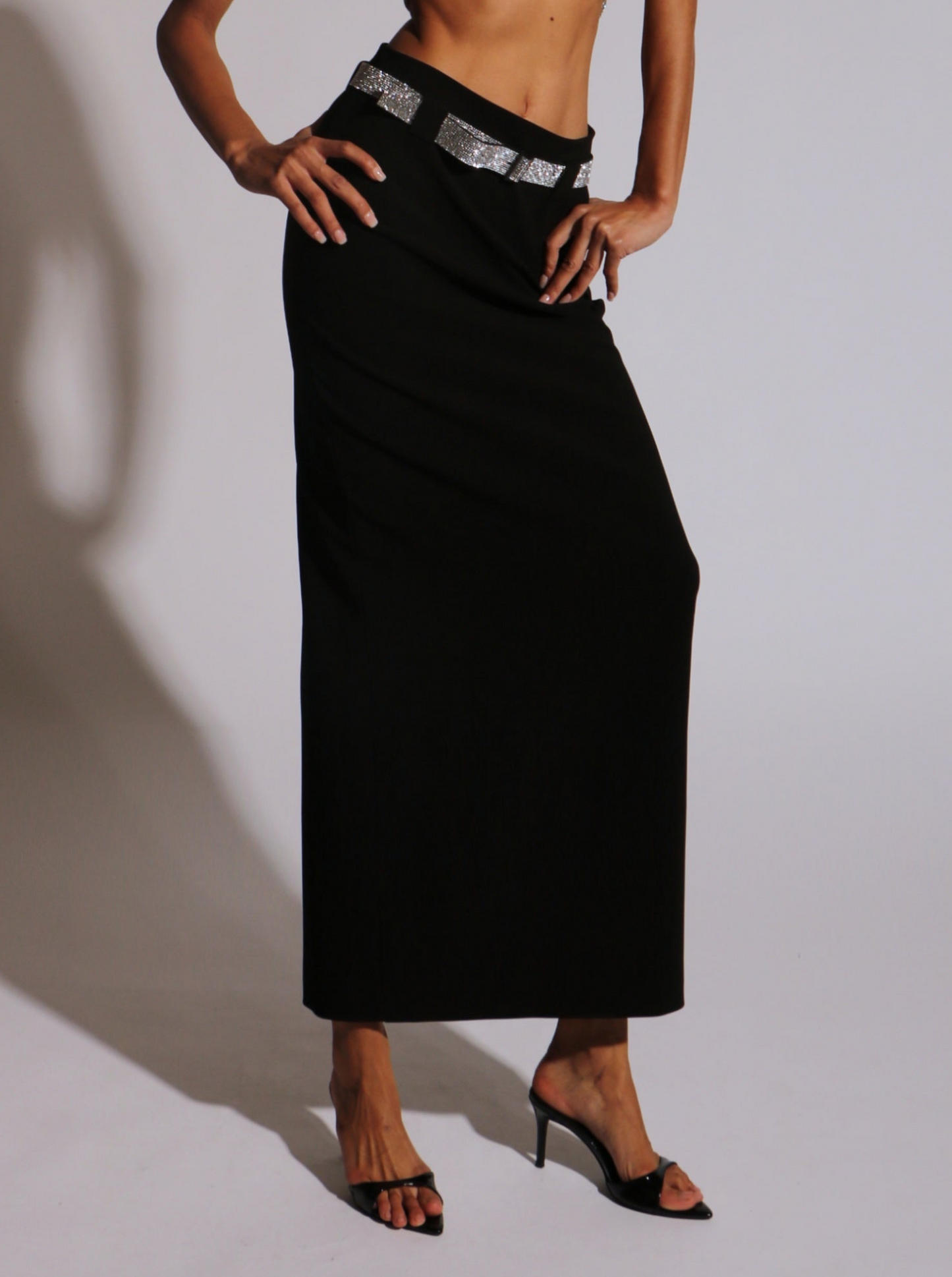 DIAMANTE BELTED MIDI SKIRT