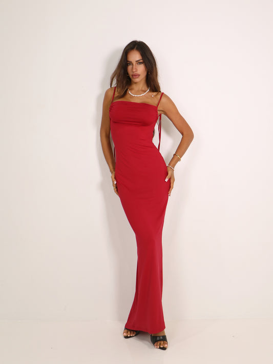 SCARLET BACKLESS MAXI DRESS